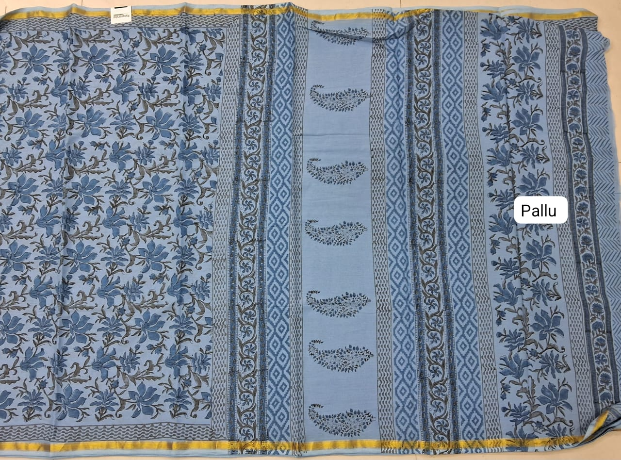 Blue Mulmul Zari Cotton Saree pallu