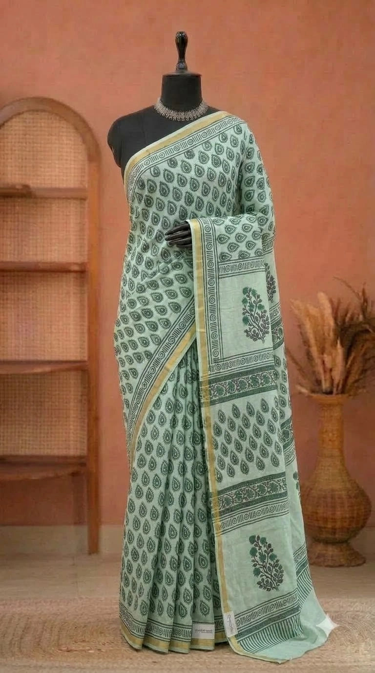 Charming Mint Green Mulmul Zari Cotton Saree