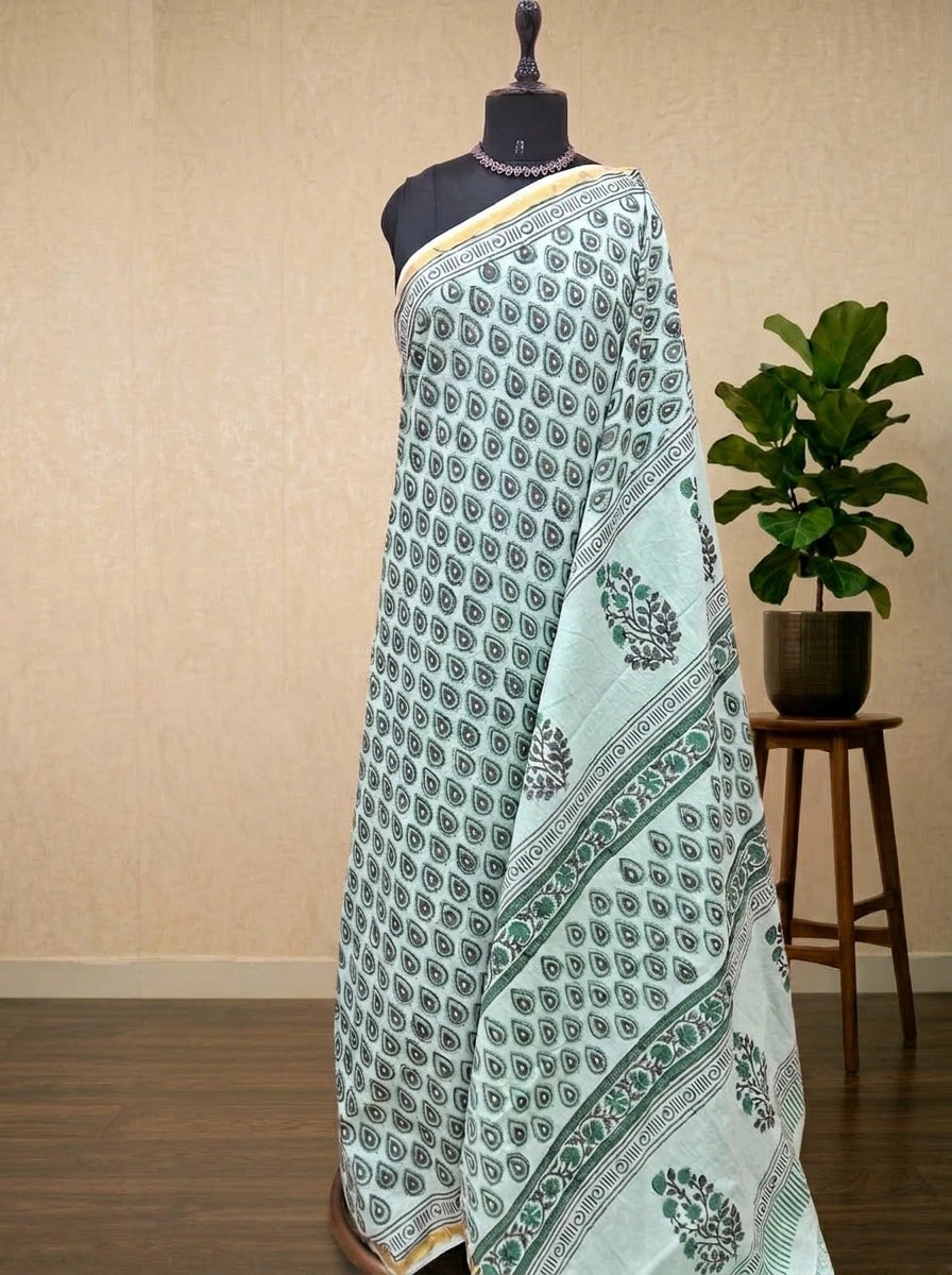 Charming Mint Green Mulmul Zari Cotton Saree