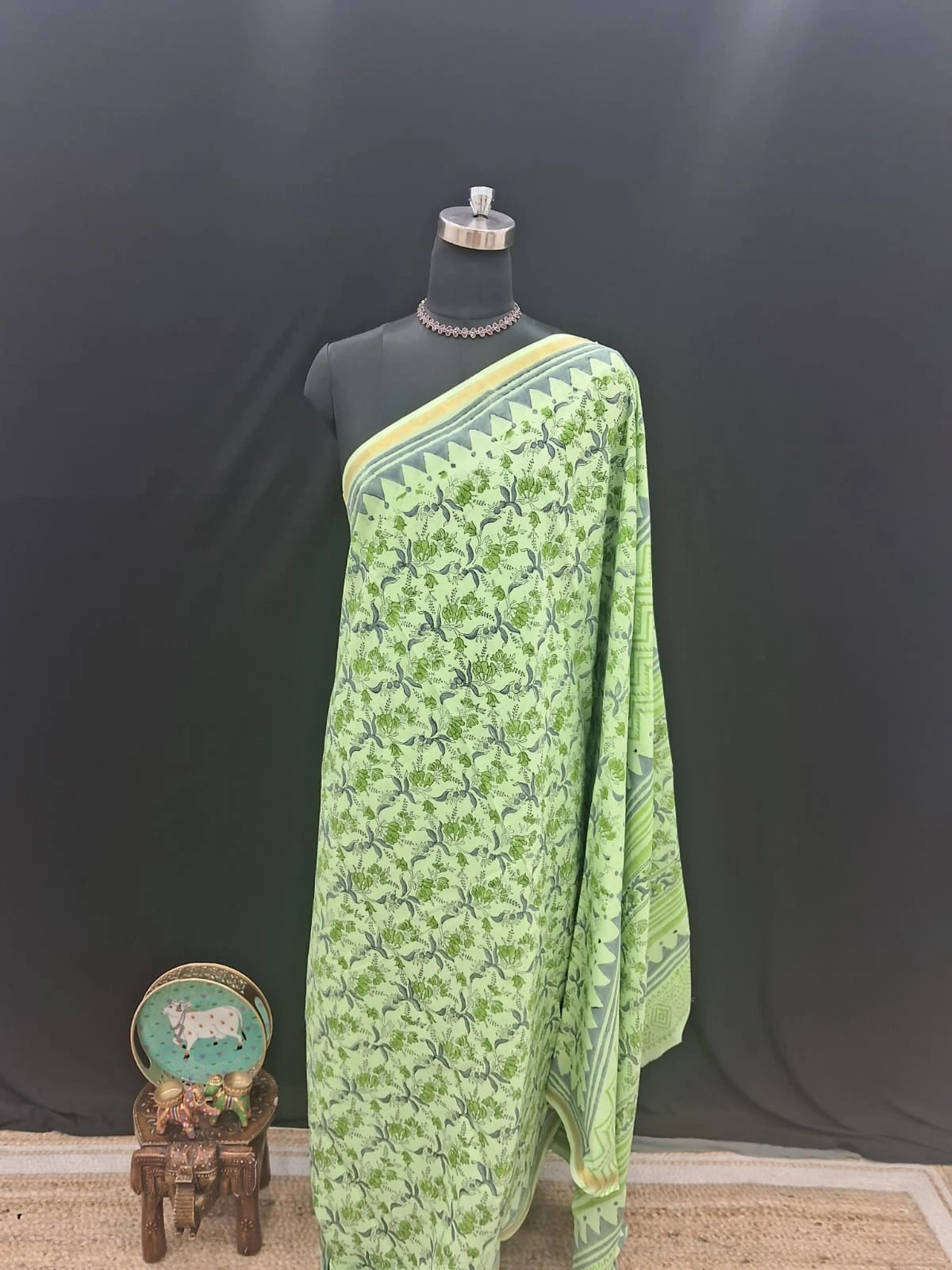 Bright Green Mulmul Zari Cotton Saree