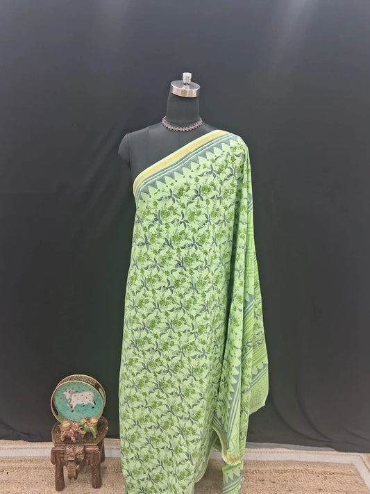 Bright Green Mulmul Zari Cotton Saree