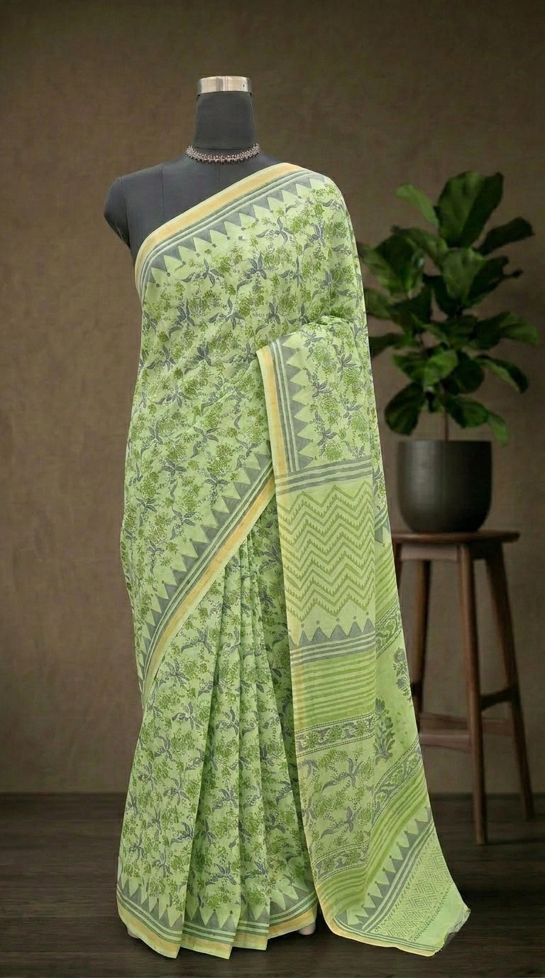 Bright Green Mulmul Zari Cotton Saree