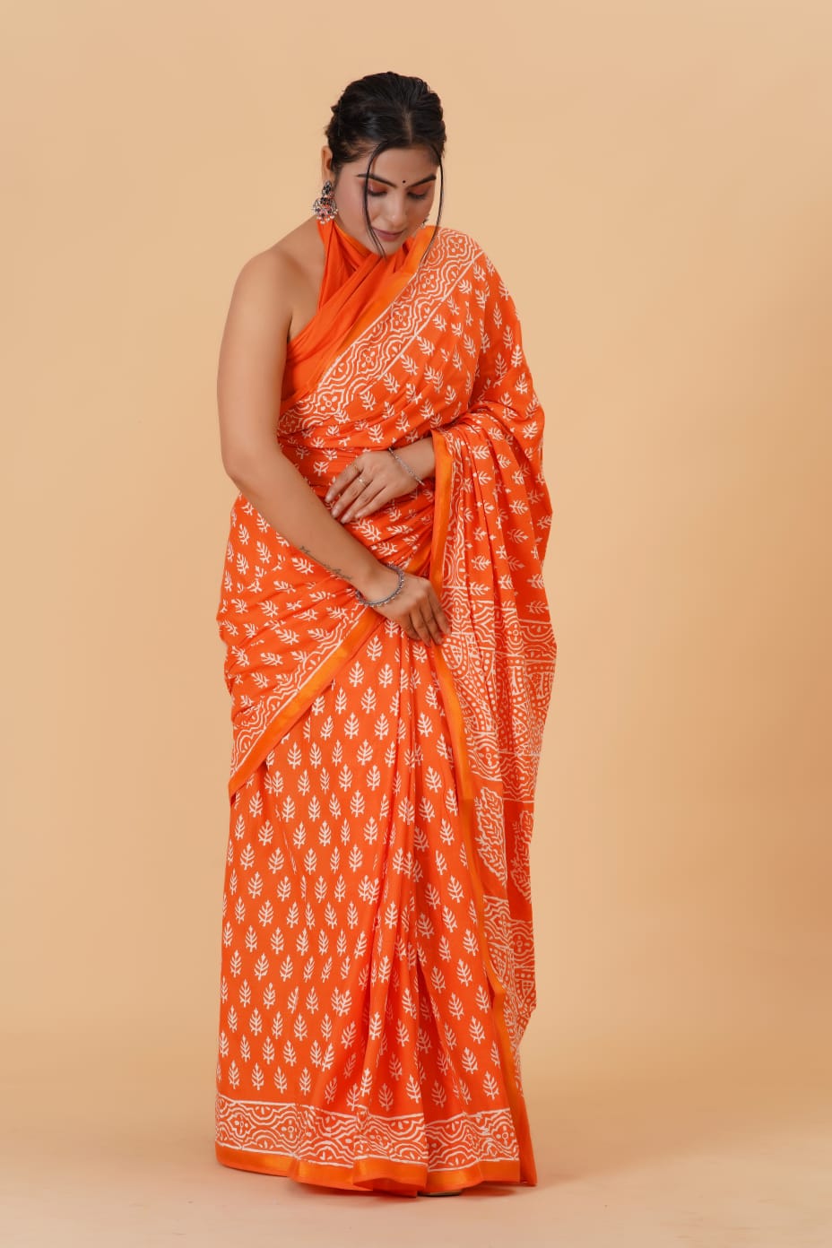 Orange Mulmul Zari Cotton Saree