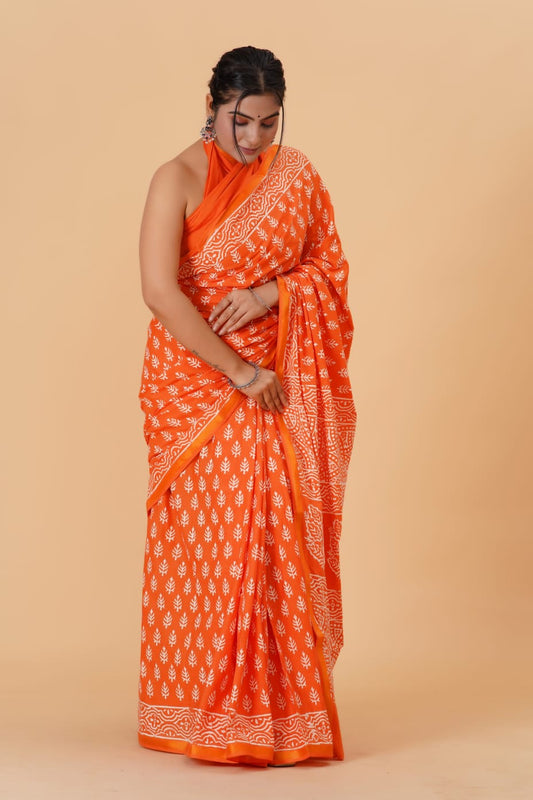 Orange Mulmul Zari Cotton Saree