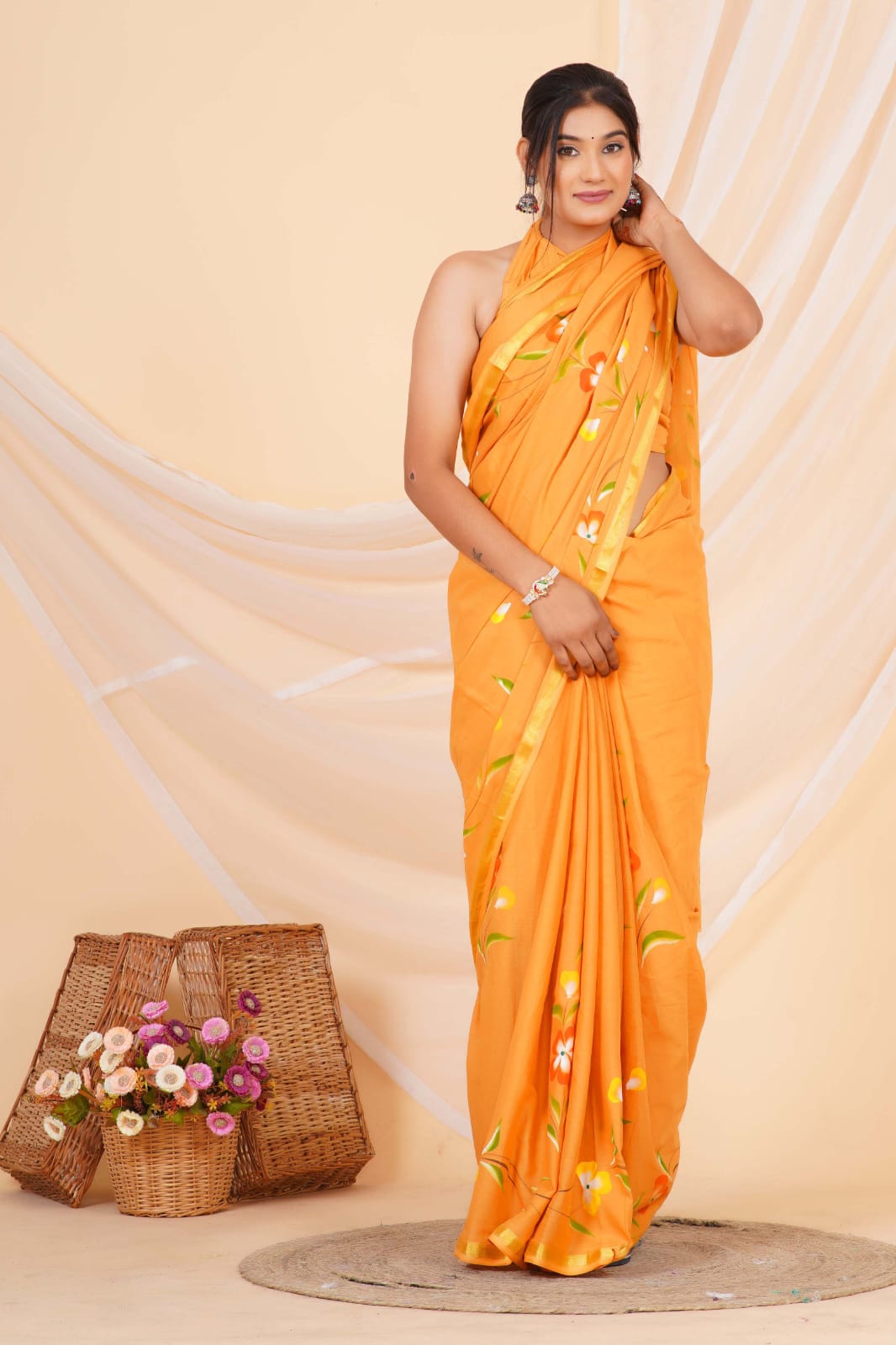 Tangrine Orange Mulmul Zari cotton Saree