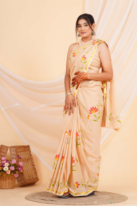 Sand Brown Mulmul Zari Cotton Saree