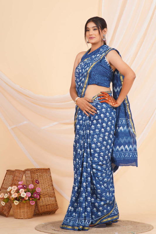 Indigo Blue Mulmul Zari Cotton Saree