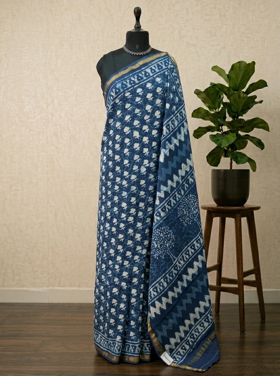 Indigo Blue Mulmul Zari Cotton Saree 