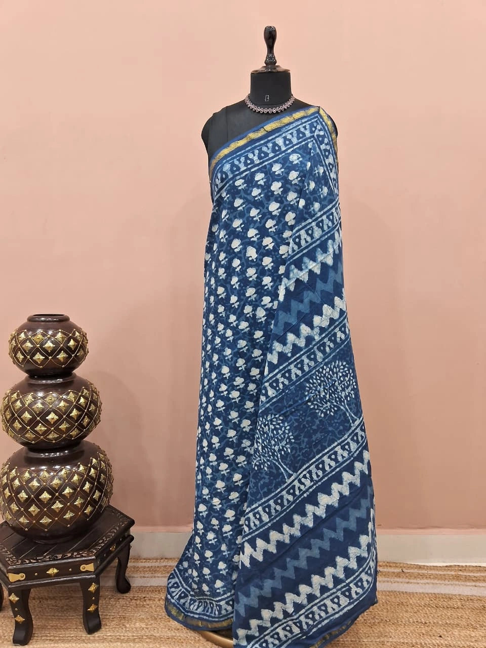 Indigo Blue Mulmul Zari Cotton Saree 