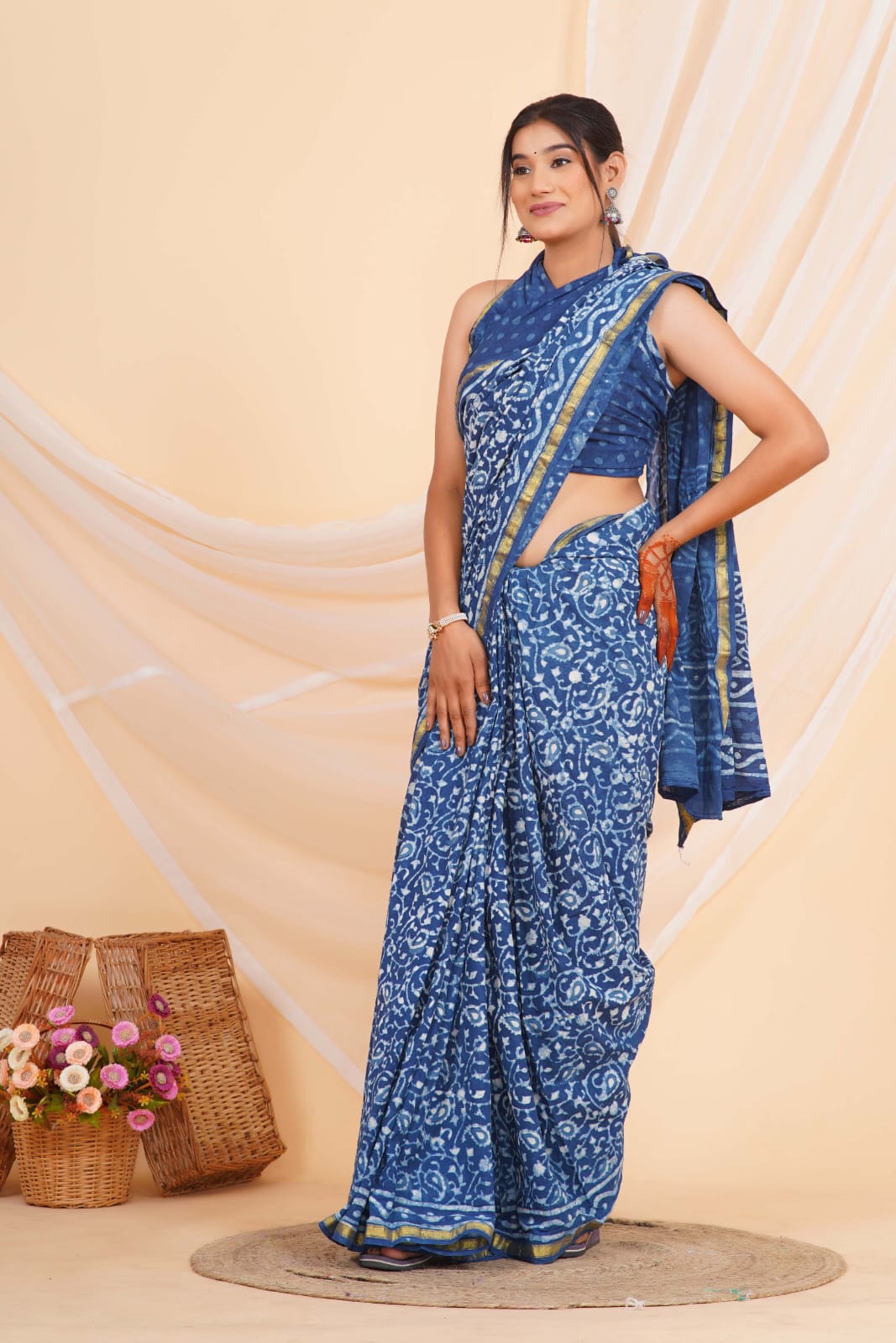 Indigo Blue Mulmul Zari Cotton Saree