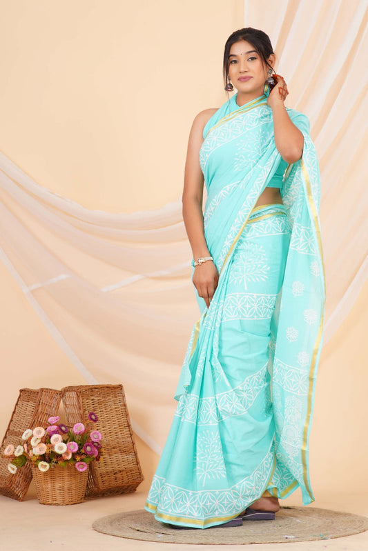 Aqua Blue Mulmul Zari Cotton Saree