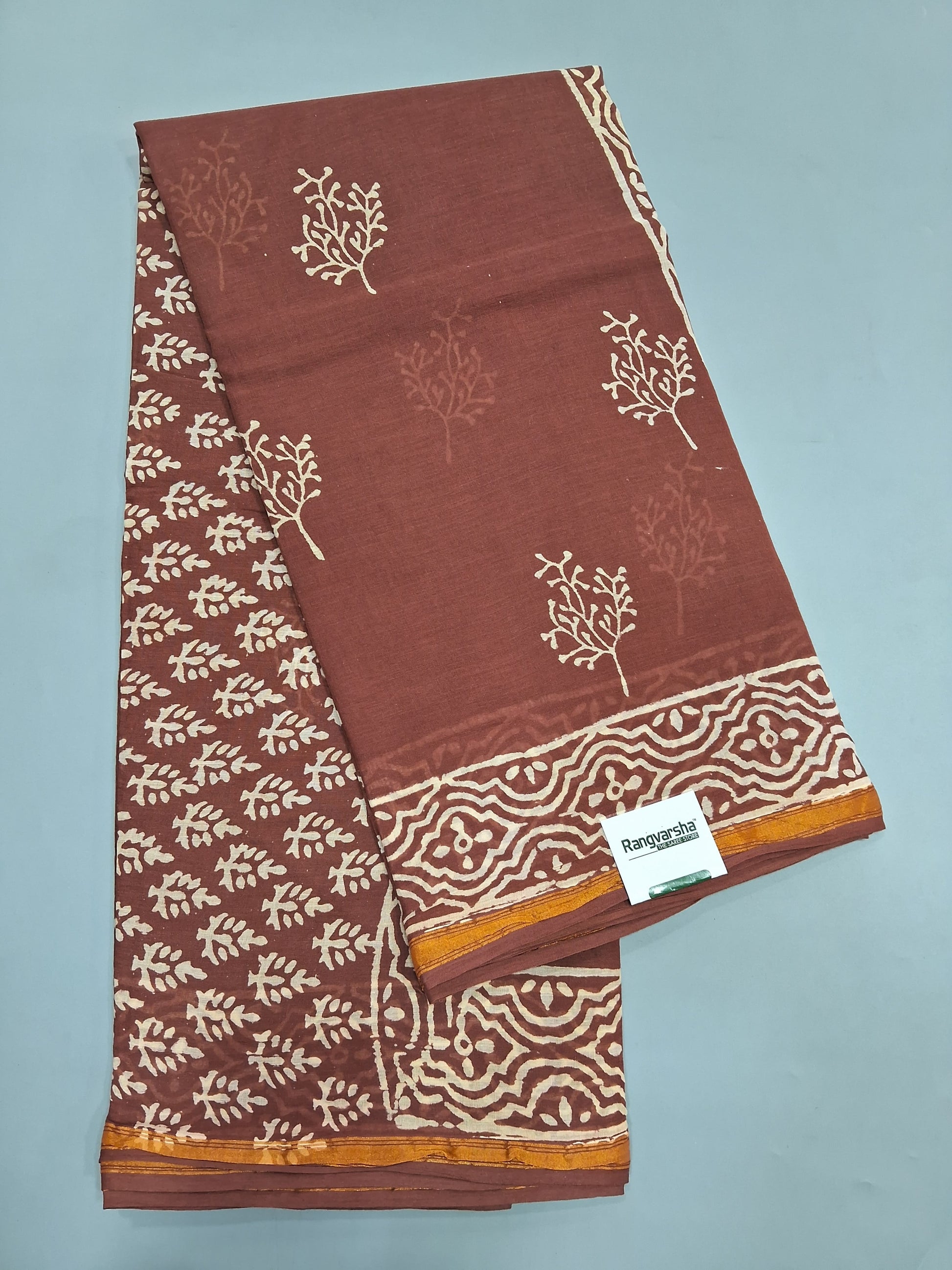 Chocolate Brown Zari Cotton Saree 