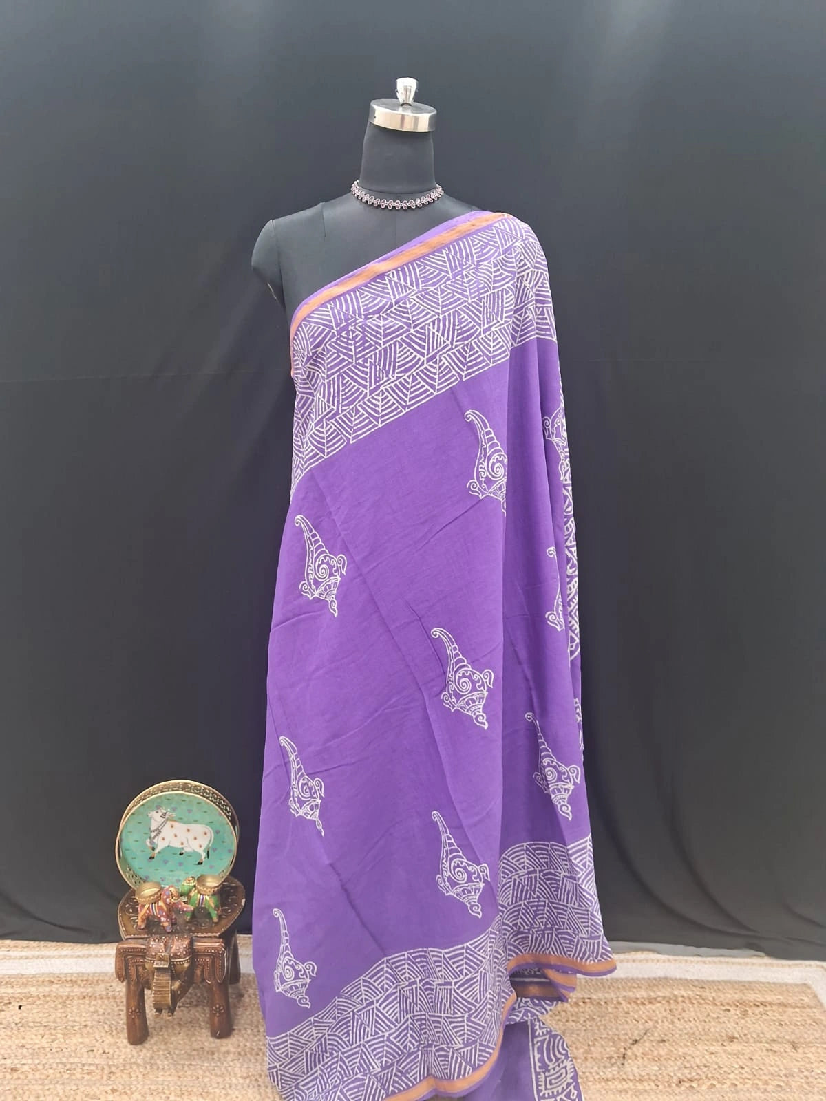 Royal Purple & Cream Hand-Block Printed Mulmul Zari Cotton Saree