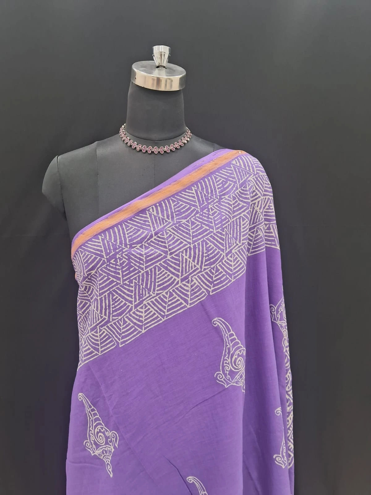 Royal Purple & Cream Hand-Block Printed Mulmul Zari Cotton Saree 1
