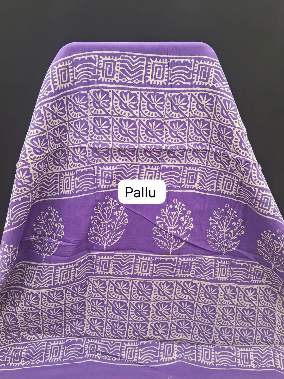 Royal Purple & Cream Hand-Block Printed Mulmul Zari Cotton Saree Pallu