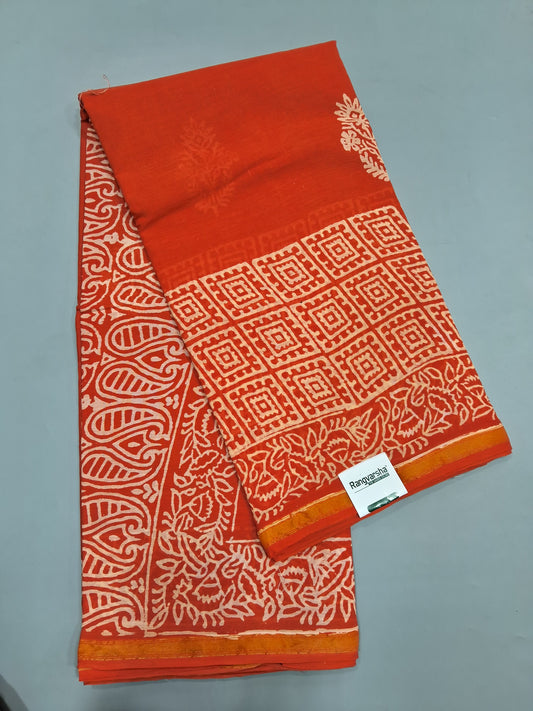 Orange Mulmul Zari Cotton Saree 