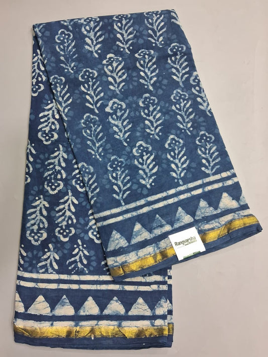 Indigo Blue Mulmul Zari Cotton Saree