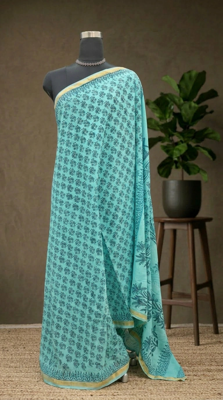 Elegant aqua blue Mulmul Zari Cotton Saree