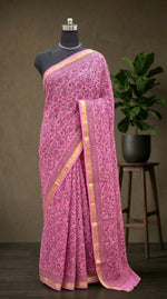 Pink Floral Block Print Mulmul Zari Cotton Saree