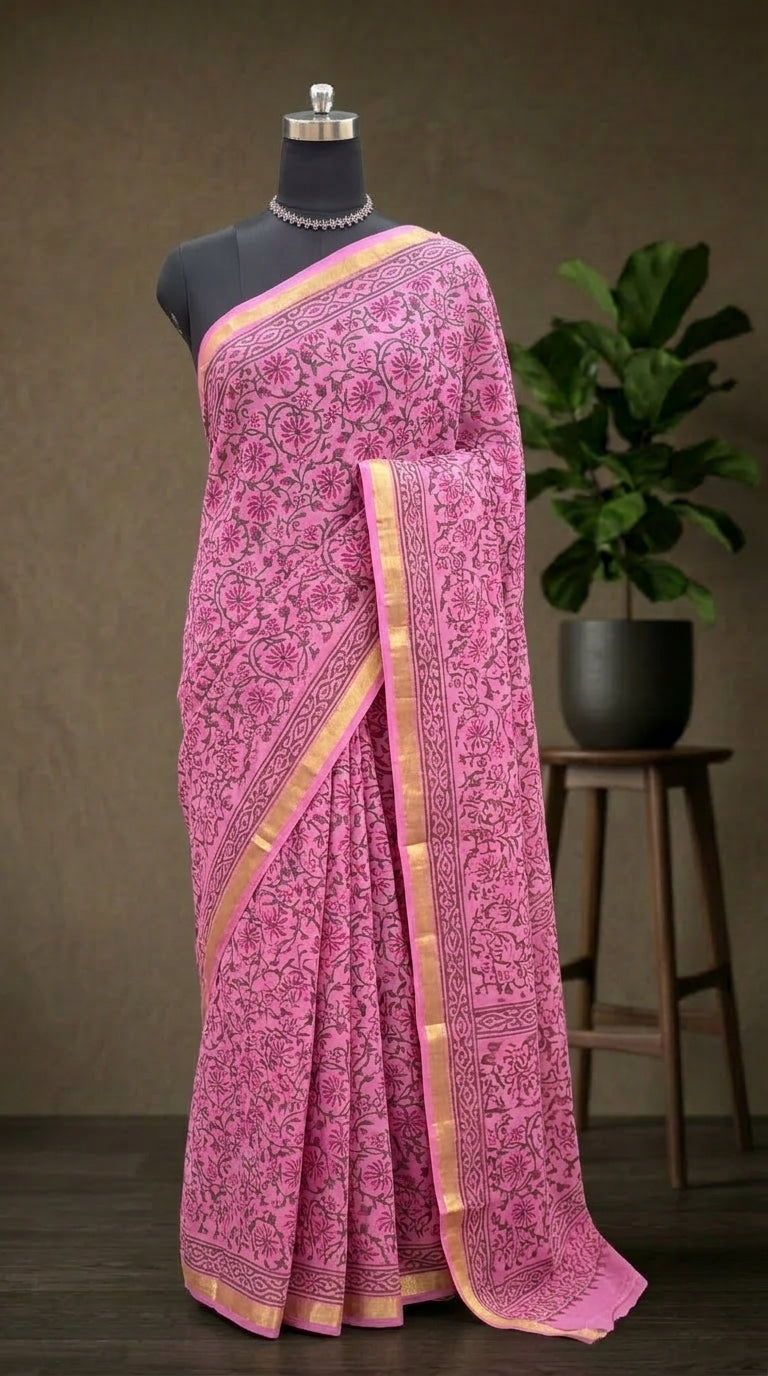 Pink Floral Block Print Mulmul Zari Cotton Saree