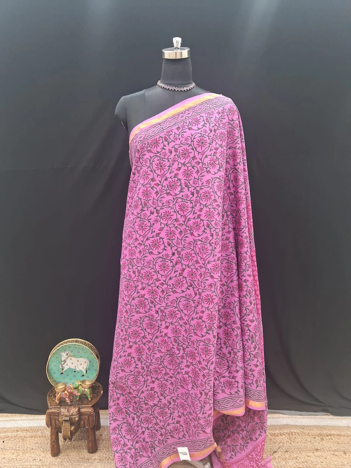Pink Floral Block Print Mulmul Zari Cotton Saree