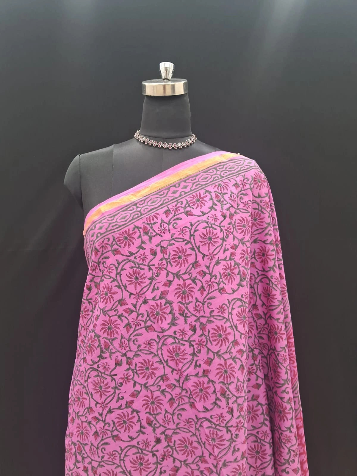 Pink Floral Block Print Mulmul Zari Cotton Saree 1