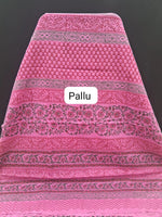 Pink Floral Block Print Mulmul Zari Cotton Saree Pallu