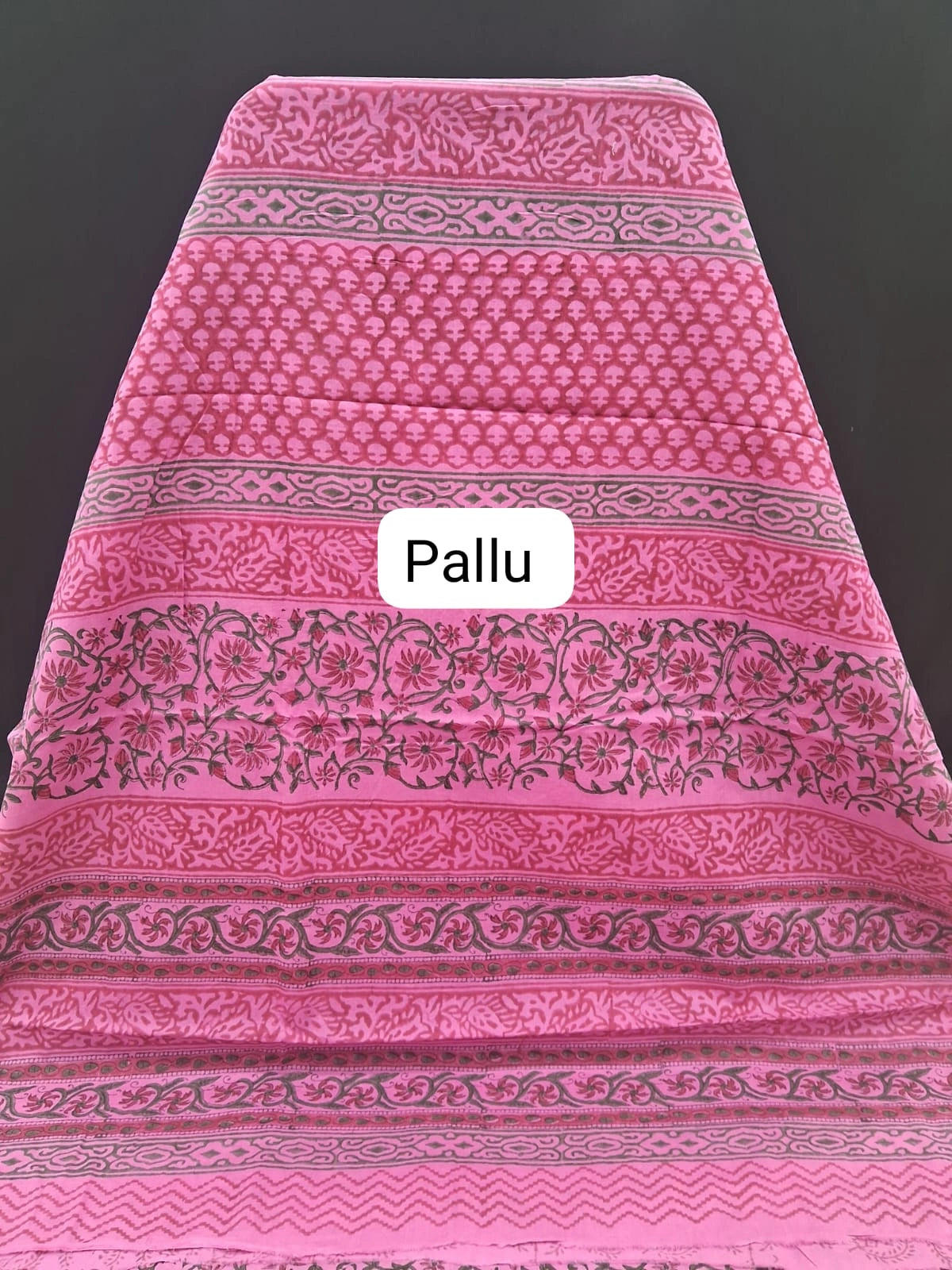 Pink Floral Block Print Mulmul Zari Cotton Saree Pallu