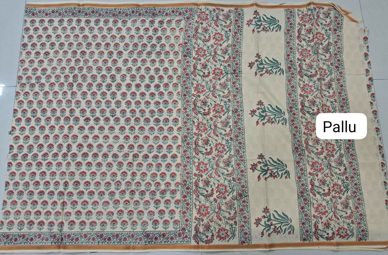 Beige Mulmul Cotton Saree pallu