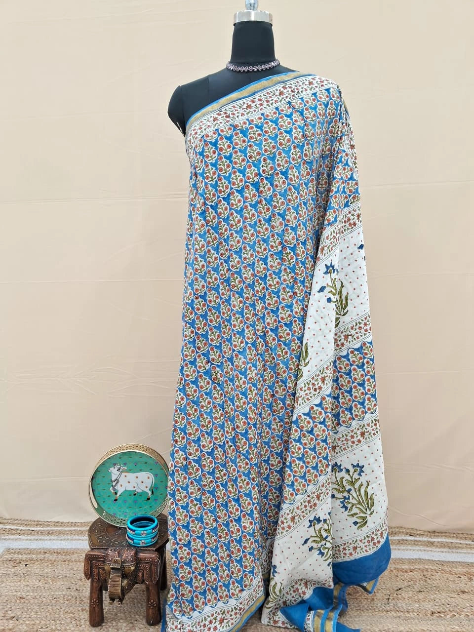 Caribbean Blue Mulmul Zari Cotton Saree
