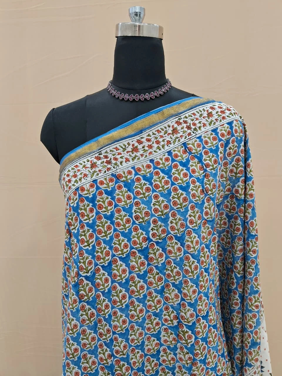 Caribbean Blue Mulmul Zari Cotton Saree 1