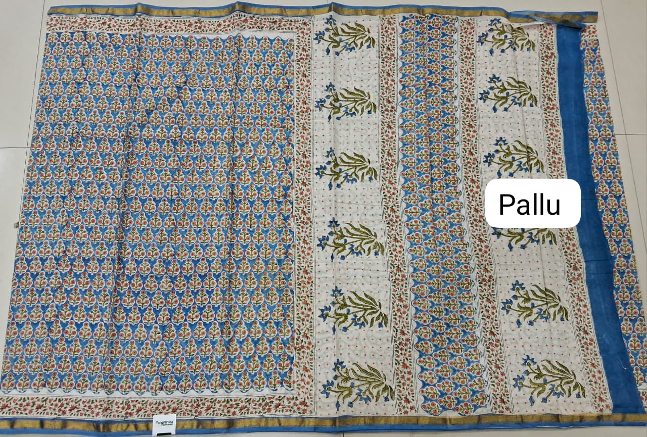 Caribbean Blue Mulmul Cotton Saree pallu