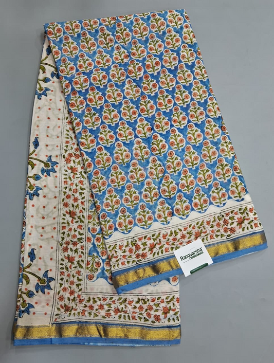 Caribbean Blue Mulmul Cotton Saree