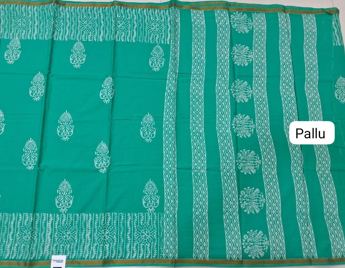 Green Mulmul Cotton Saree pallu