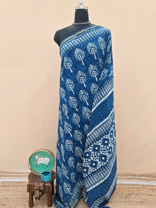 Indigo Blue & Ivory Mulmul Zari Cotton Saree