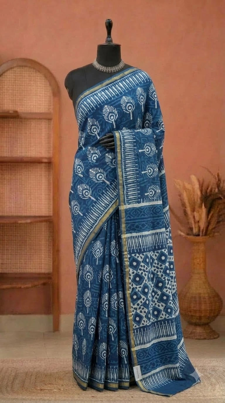 Indigo Blue & Ivory Mulmul Zari Cotton Saree