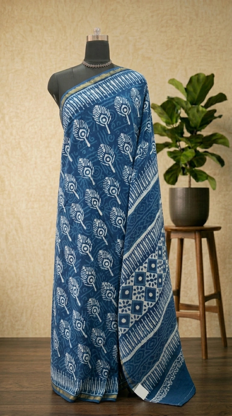 Indigo Blue & Ivory Mulmul Zari Cotton Saree