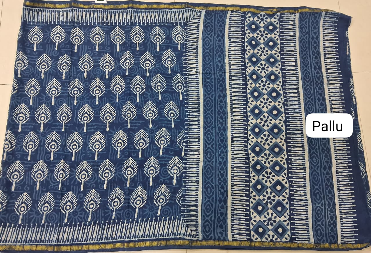 Blue Mulmul Cotton Saree pallu