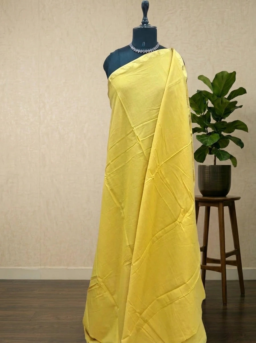 Mango Yellow Plain Mulmul Zari cotton saree