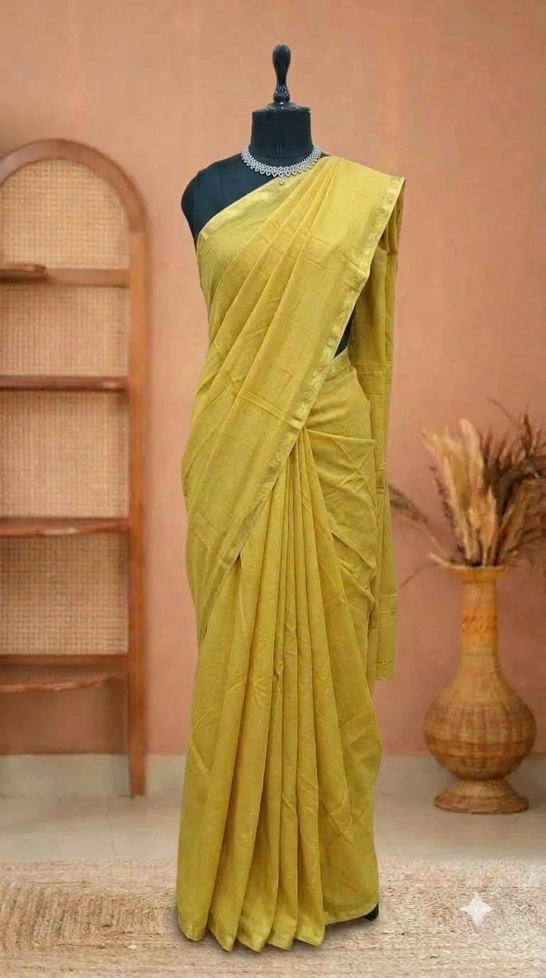 Mango Yellow Plain Mulmul Zari cotton saree