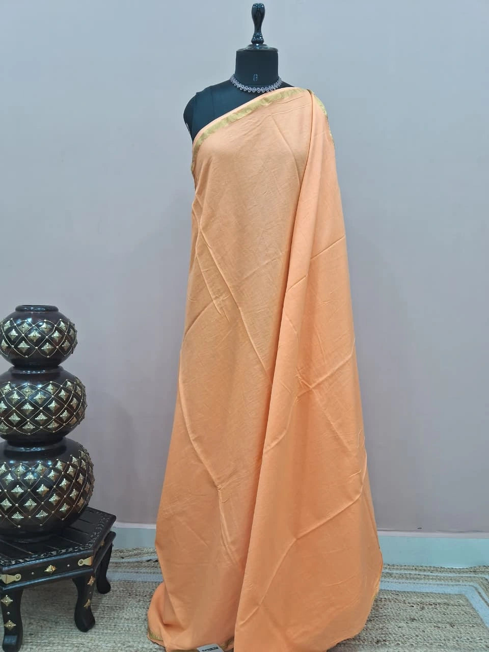 Peach Plain Mulmul Zari cotton saree 