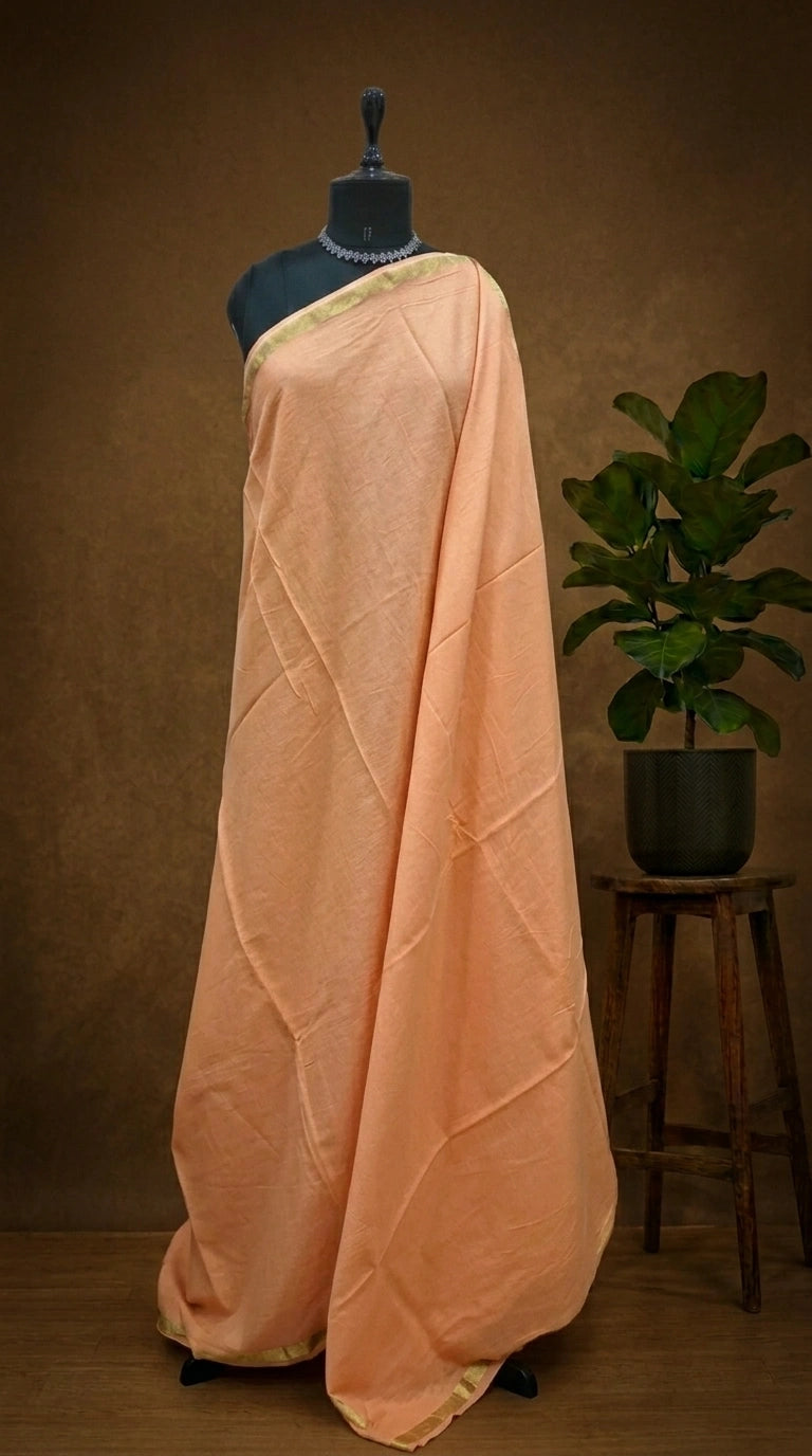 Peach Plain Mulmul Zari cotton saree 