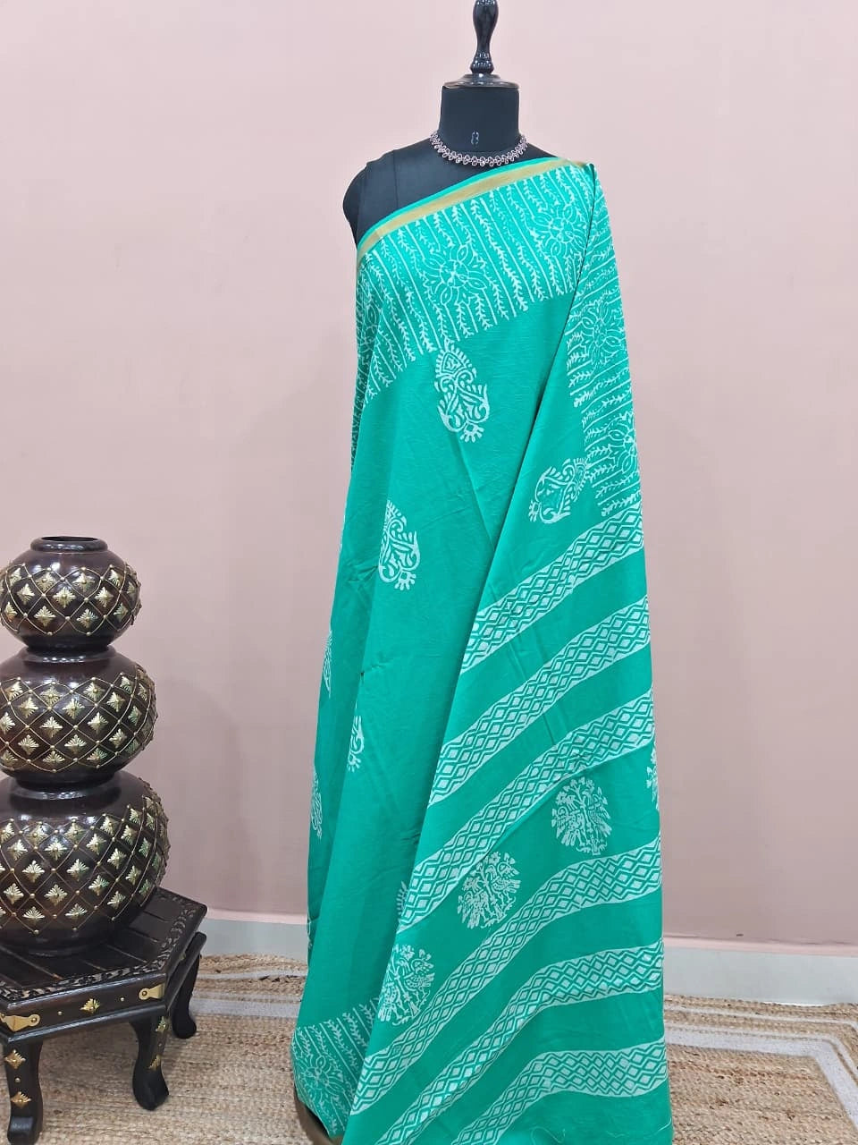 Rama green mulmul zari cotton saree 