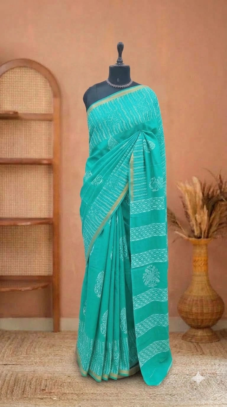 Rama green mulmul zari cotton saree