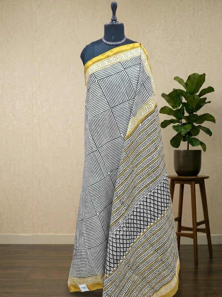 Cream mulmul zari cotton saree