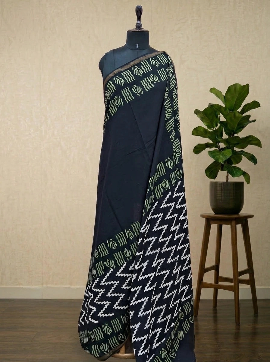 Black mulmul zari cotton saree