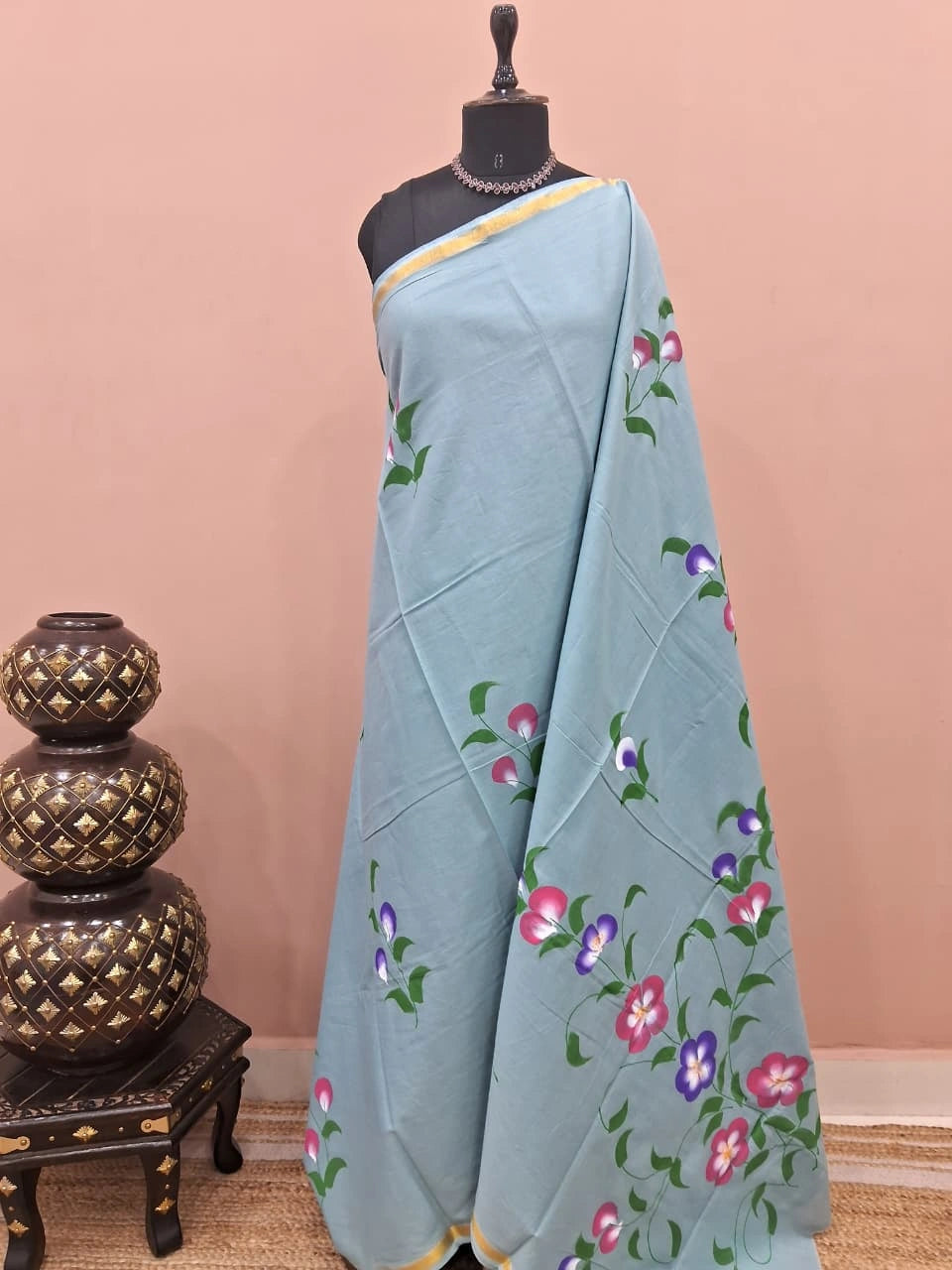 Metal grey mulmul zari cotton saree 
