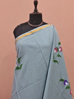 Metal grey mulmul zari cotton saree 1