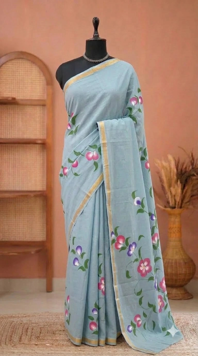 Metal grey mulmul zari cotton saree 