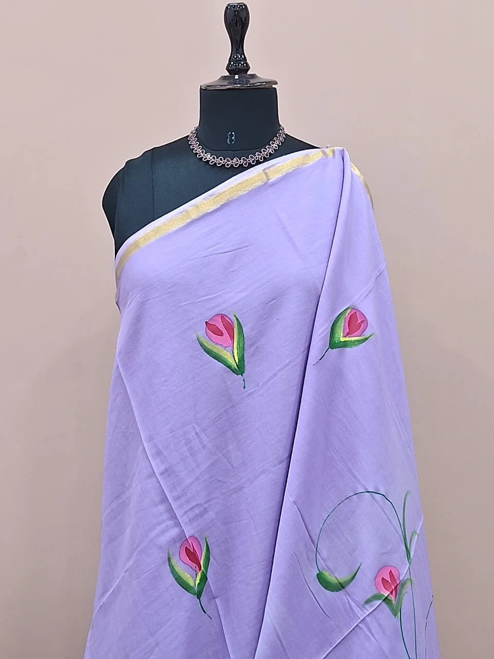 Lavender mulmul zari cotton saree 1